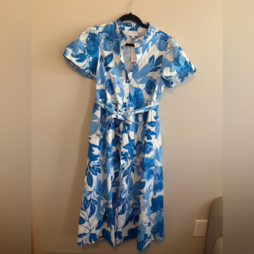 Sugarlips Blue & White Floral Midi Shirt Dress with Tie Waist